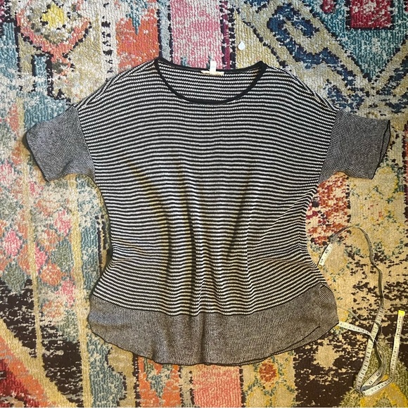 Eileen Fisher Organic Linen Striped Short Sleeve Knit Sweater Top Size M Black - Picture 6 of 7